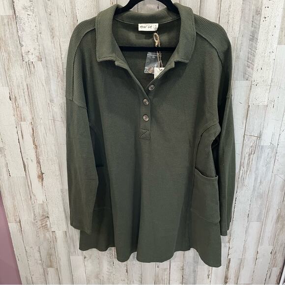 New! Boutique Olive Through Waffle Mini Dress Pockets Womens Medium - Picture 2 of 6